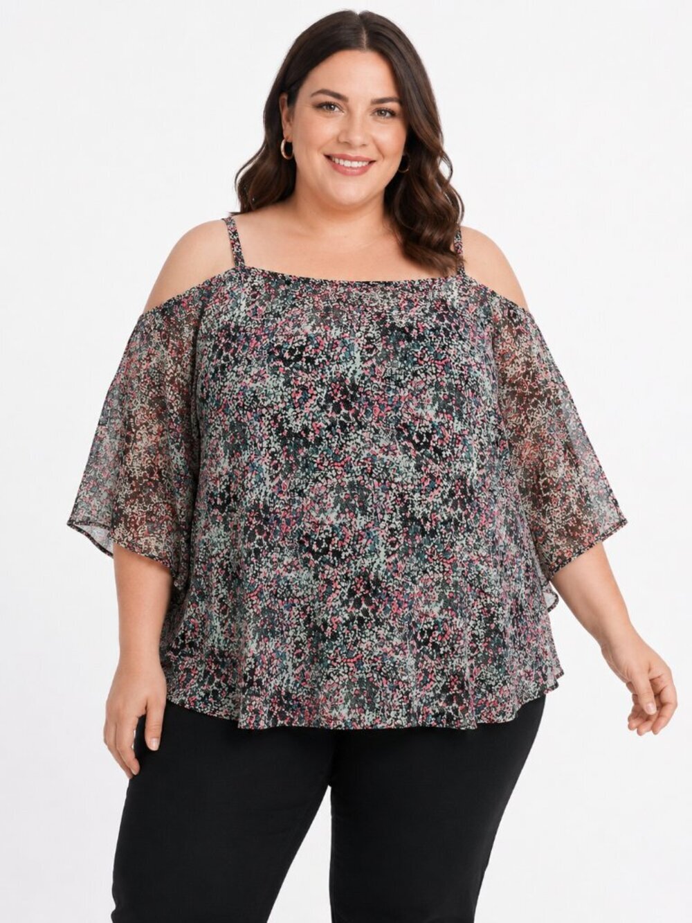 Torrid Women's Ditsy Floral Print Cold Shoulder Batwing Sheer Top